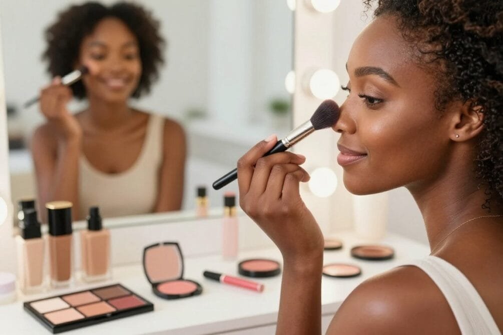 A beautiful close-up portrait of a Black woman applying makeup, showcasing a warm summer glow. She is seated at a well-lit vanity, adorned with an array of makeup products, including foundations, blushes, and lip colors tailored for dark skin tones. The foreground focuses on her graceful hand holding a makeup brush, delicately applying highlighter on her cheekbone. In the middle ground, the vanity is organized, displaying vibrant makeup shades and natural skincare products. In the background, a softly blurred mirror reflects the woman's confident smile, enhancing the welcoming atmosphere. The lighting is bright and natural, creating an inviting ambiance. The image conveys empowerment and beauty, capturing the essence of a skincare and makeup routine for Black skin in different seasons.