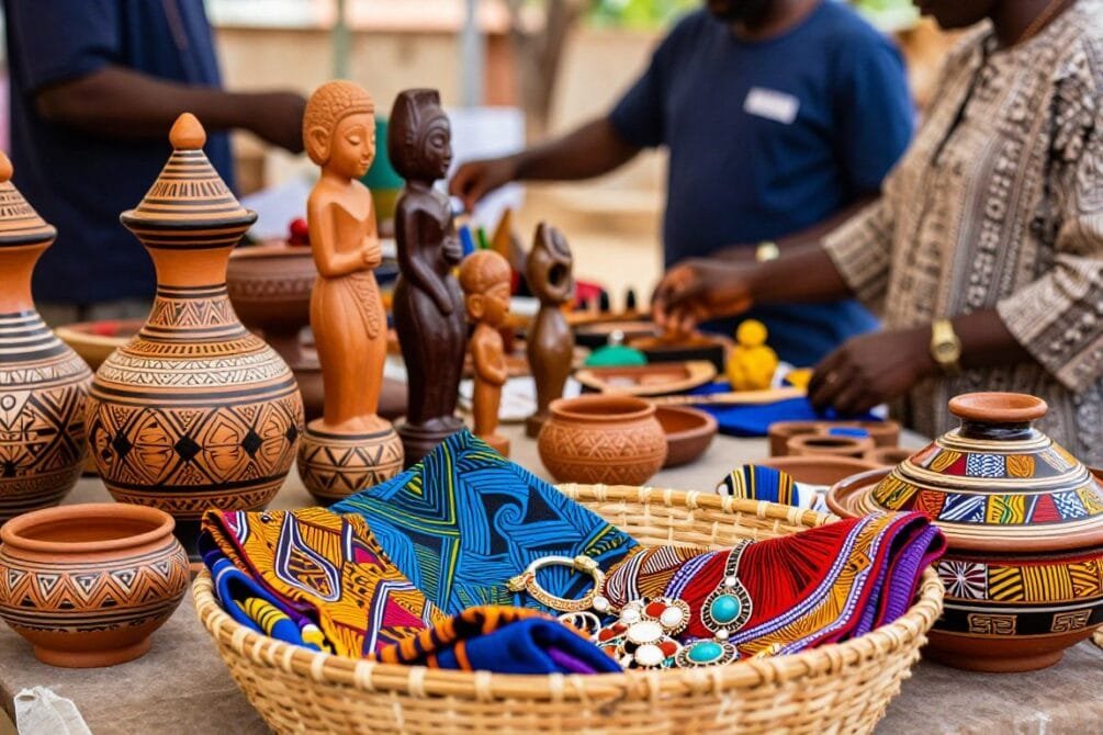 A beautifully arranged display of Afro handicrafts, showcasing vibrant, intricately designed pottery, colorful textiles, and hand-carved wooden sculptures. In the foreground, highlight a woven basket filled with bright fabrics and unique jewelry pieces, illuminated by soft, natural lighting that enhances the textures. The middle section features a table adorned with additional crafts, creating an intimate market atmosphere, with warm hues and artisanal aesthetics. In the background, suggest hints of an outdoor market setting with blurred people engaged in browsing, all wearing modest, professional attire. The scene conveys a sense of cultural richness and entrepreneurial spirit, with a focus on the artistry and authenticity of Afro craftsmanship. Aim for a documentary-style composition, using a shallow depth of field to draw attention to the crafts. A beautifully arranged display of Afro handicrafts, showcasing vibrant, intricately designed pottery, colorful textiles, and hand-carved wooden sculptures. In the foreground, highlight a woven basket filled with bright fabrics and unique jewelry pieces, illuminated by soft, natural lighting that enhances the textures. The middle section features a table adorned with additional crafts, creating an intimate market atmosphere, with warm hues and artisanal aesthetics. In the background, suggest hints of an outdoor market setting with blurred people engaged in browsing, all wearing modest, professional attire. The scene conveys a sense of cultural richness and entrepreneurial spirit, with a focus on the artistry and authenticity of Afro craftsmanship. Aim for a documentary-style composition, using a shallow depth of field to draw attention to the crafts.
