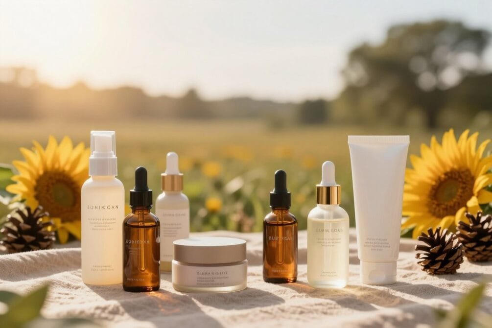 A beautifully lit flat lay composition showcasing essential skincare products for dark skin, emphasizing summer and winter care. In the foreground, a variety of high-quality moisturizers, serums, and oils are artistically arranged on a soft, textured fabric background in warm earth tones. In the middle, a rich, untouched natural landscape suggests renewal, with hints of seasonal elements like sunflowers for summer and pinecones for winter. The background features soft, diffused sunlight streaming in from the side, creating a warm and inviting atmosphere. The overall mood is one of tranquility and self-care, capturing the essence of nurturing dark skin beyond the face. The image is shot with a shallow depth of field, bringing the products into sharp focus while softly blurring the background.