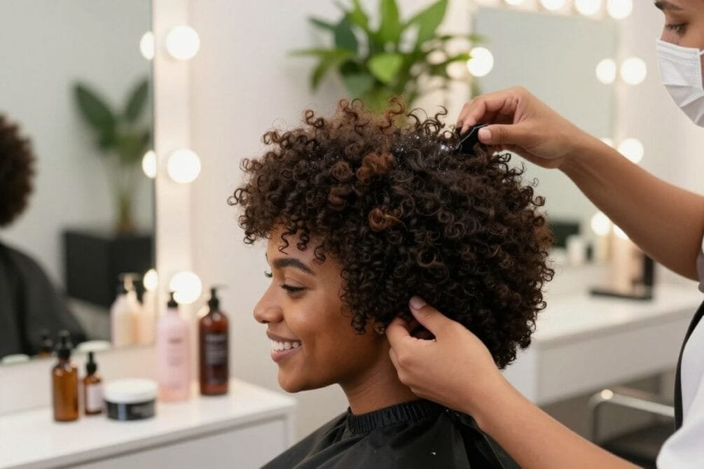 A close-up image of a young Black woman in a modern, bright salon, showcasing her beautifully styled afro. She is applying a natural hair treatment, surrounded by various hair care products like oils and creams displayed neatly on a vanity. The foreground emphasizes her joyful expression and healthy, voluminous curls, while the middle ground features reflective mirrors and soft, ambient light that casts a warm glow. In the background, lush green plants add a calming touch to the scene. The composition conveys a sense of empowerment and self-care, highlighting the beauty of afro-textured hair. The overall mood is uplifting and professional, capturing the importance of hair care in maintaining healthy curls.
