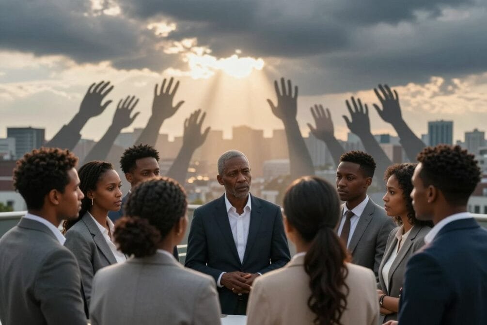 A powerful image depicting the theme of mental health and the impact of everyday racism. In the foreground, a group of diverse Black individuals, dressed in professional attire, gather in a circle engaged in a supportive conversation, their expressions reflecting determination and resilience. In the middle ground, abstract representations of societal pressures, such as silhouettes of hands pushing against them and shadows symbolizing negativity. The background features a cityscape with dark clouds hinting at the challenges of daily racism, yet there are rays of sunlight breaking through, symbolizing hope and healing. The lighting should be warm, with a soft focus on the group to evoke a sense of solidarity and strength. The overall mood is one of empowerment and community support, highlighting the importance of mental health in overcoming adversity. A powerful image depicting the theme of mental health and the impact of everyday racism. In the foreground, a group of diverse Black individuals, dressed in professional attire, gather in a circle engaged in a supportive conversation, their expressions reflecting determination and resilience. In the middle ground, abstract representations of societal pressures, such as silhouettes of hands pushing against them and shadows symbolizing negativity. The background features a cityscape with dark clouds hinting at the challenges of daily racism, yet there are rays of sunlight breaking through, symbolizing hope and healing. The lighting should be warm, with a soft focus on the group to evoke a sense of solidarity and strength. The overall mood is one of empowerment and community support, highlighting the importance of mental health in overcoming adversity.