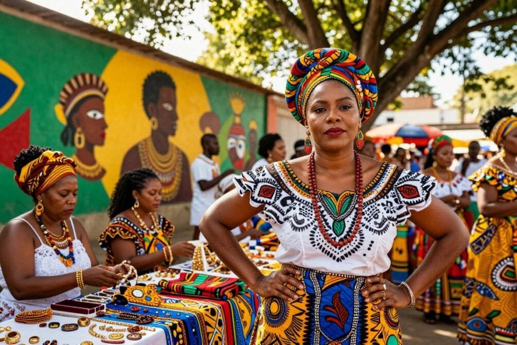 A vibrant celebration of Afro-Brazilian culture, featuring a strong Black woman in the foreground, dressed in elegant, colorful traditional attire. She is confidently posing, with pride radiating from her expression. In the middle ground, a lively market scene showcases artisans selling handcrafted goods, such as jewelry and textiles, representing Afro-Brazilian heritage. The background includes a mural depicting iconic symbols of Afro-Brazilian spirituality and history, adorned with rich colors like green, yellow, and red. The atmosphere is joyful and empowering, illuminated by warm, golden sunlight filtering through lush trees, creating a sense of harmony and community. Capture this scene with a slightly elevated angle to emphasize the vibrancy and depth of the cultural celebration. A vibrant celebration of Afro-Brazilian culture, featuring a strong Black woman in the foreground, dressed in elegant, colorful traditional attire. She is confidently posing, with pride radiating from her expression. In the middle ground, a lively market scene showcases artisans selling handcrafted goods, such as jewelry and textiles, representing Afro-Brazilian heritage. The background includes a mural depicting iconic symbols of Afro-Brazilian spirituality and history, adorned with rich colors like green, yellow, and red. The atmosphere is joyful and empowering, illuminated by warm, golden sunlight filtering through lush trees, creating a sense of harmony and community. Capture this scene with a slightly elevated angle to emphasize the vibrancy and depth of the cultural celebration.