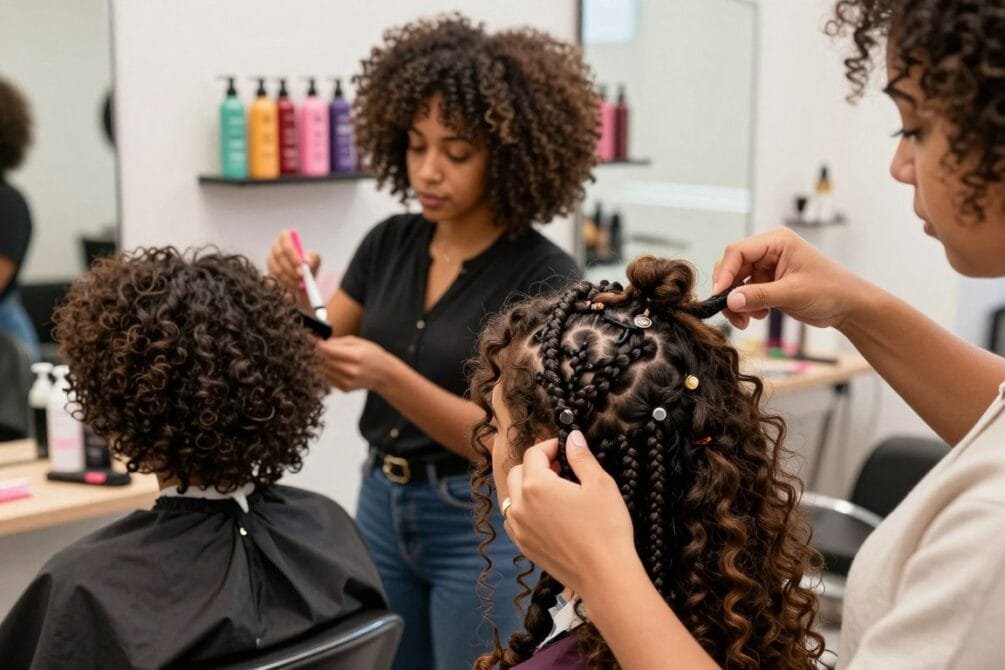 A vibrant, close-up scene showcasing a diverse group of three women with different hair textures, celebrating the art of hair texturization. In the foreground, focus on a woman confidently styling her beautifully defined curls, showcasing intricate braids and accessory options, wearing professional yet stylish attire. In the middle, another woman is experimenting with a rich, voluminous afro, surrounded by an array of hair products and styling tools, capturing the versatility of textured hair. The background features a well-lit hair salon environment, with mirrors reflecting the colorful displays of hair care items. Soft, natural lighting creates an inviting atmosphere, enhancing the textures and shine of the hair, conveying a sense of empowerment and creative expression.