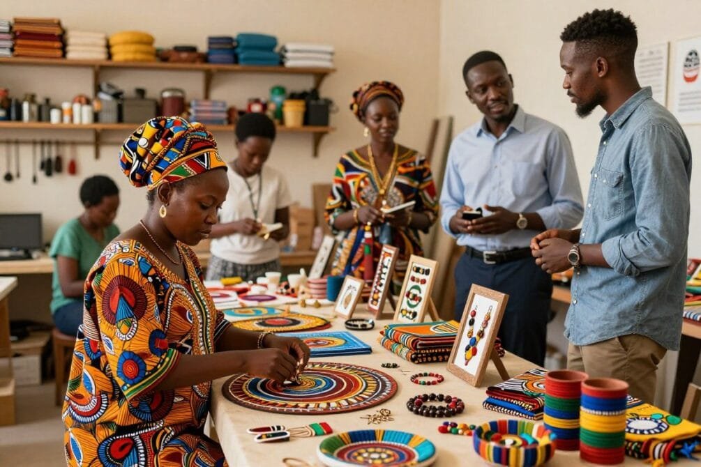 A vibrant scene depicting creative entrepreneurship in action, focusing on a diverse group of artisans. In the foreground, an African woman in modest, colorful attire skillfully crafts a traditional piece of Afro-centered art, showcasing intricate patterns and textures. To her right, a man in casual business wear discusses ideas with another artisan, symbolizing collaboration. The middle ground features tables filled with various handmade crafts, including textiles, jewelry, and art pieces, all rich in cultural significance. The background includes a sunlit workshop with shelves lined with tools and materials, enhancing the atmosphere of creativity and resilience. Soft, warm lighting floods the scene, creating an inviting and inspiring mood that captures the essence of overcoming challenges in creative entrepreneurship. A vibrant scene depicting creative entrepreneurship in action, focusing on a diverse group of artisans. In the foreground, an African woman in modest, colorful attire skillfully crafts a traditional piece of Afro-centered art, showcasing intricate patterns and textures. To her right, a man in casual business wear discusses ideas with another artisan, symbolizing collaboration. The middle ground features tables filled with various handmade crafts, including textiles, jewelry, and art pieces, all rich in cultural significance. The background includes a sunlit workshop with shelves lined with tools and materials, enhancing the atmosphere of creativity and resilience. Soft, warm lighting floods the scene, creating an inviting and inspiring mood that captures the essence of overcoming challenges in creative entrepreneurship.