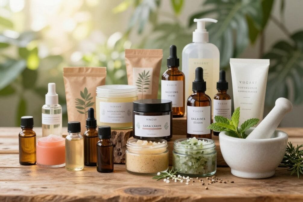 Cosméticos naturais para pele negra organizados sobre uma mesa