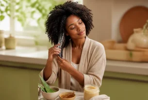 Mulher aprendendo como hidratar cabelo crespo em casa.