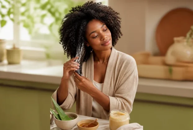 Mulher aprendendo como hidratar cabelo crespo em casa.