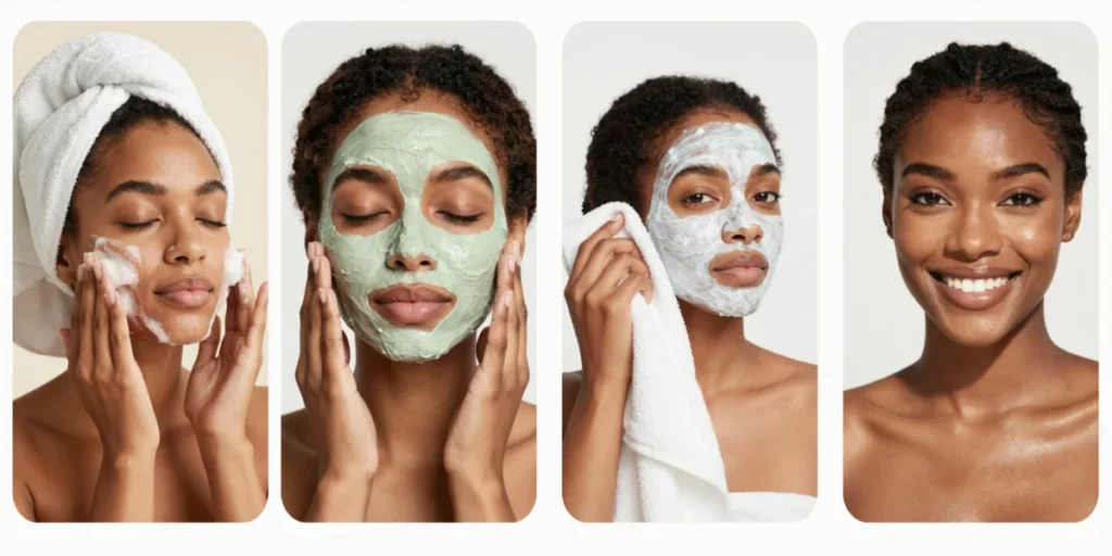 Skincare para Pele Negra: Rotina Completa e 3 Máscaras Seguras 4 Passo a passo de skincare para pele negra.